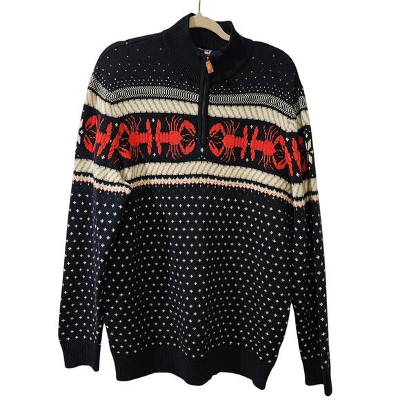 Vineyard Vines Lobster Quarter Zip Sweater Men’s Large Navy Red Fair Isle Wool